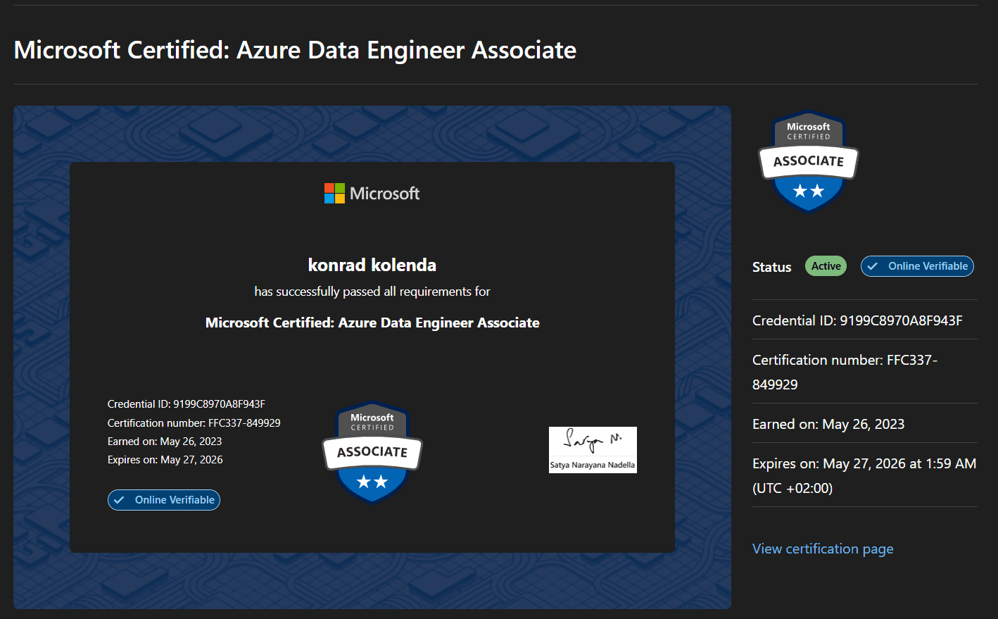 Microsoft Certified: Azure Data Engineer Associate certificate