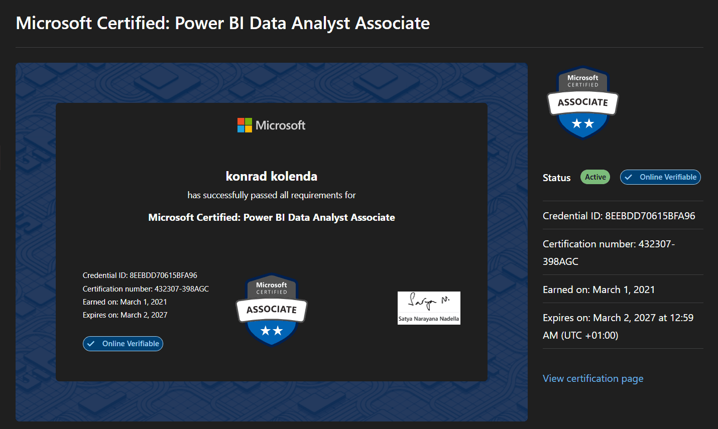 Microsoft Certified: Power BI Data Analyst Associate certificate