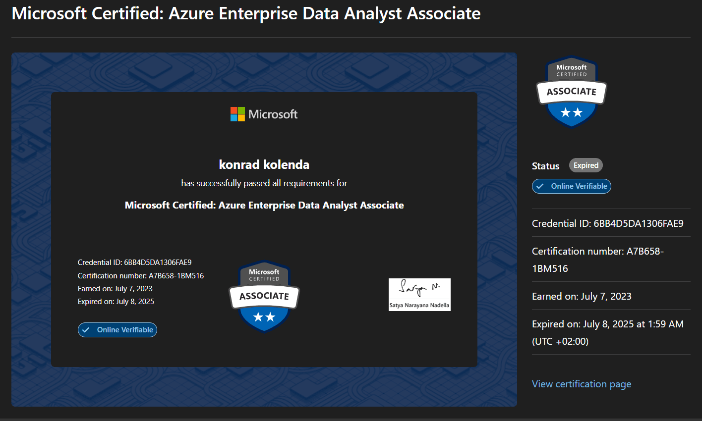 Microsoft Certified: Azure Enterprise Data Analyst Associate certificate